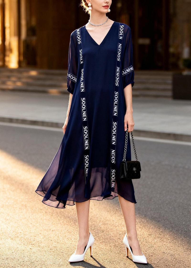 Navy V Neck Print Chiffon Dress Summer