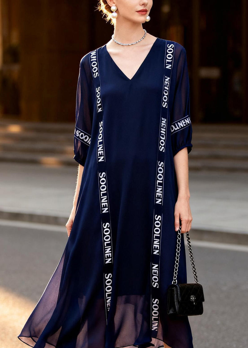 Navy V Neck Print Chiffon Dress Summer