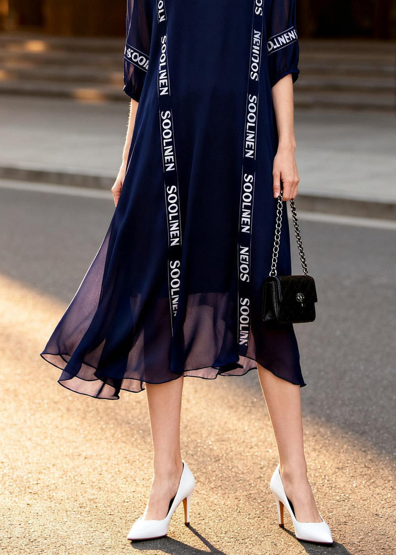 Navy V Neck Print Chiffon Dress Summer