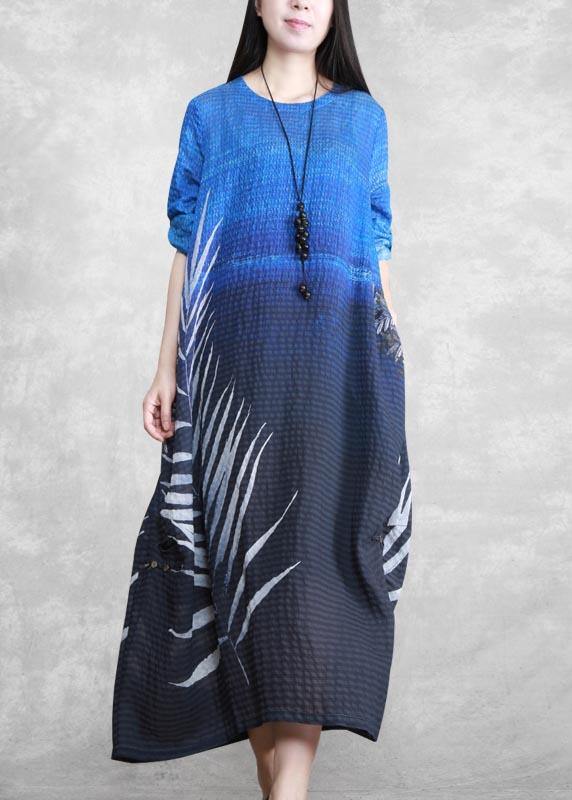 O Neck Asymmetric Spring Tunics Blue Black Print Dresses