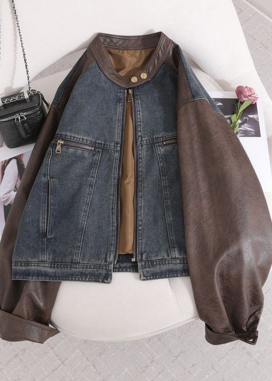 O Neck Pockets Faux Leather Patchwork Denim Coat Spring