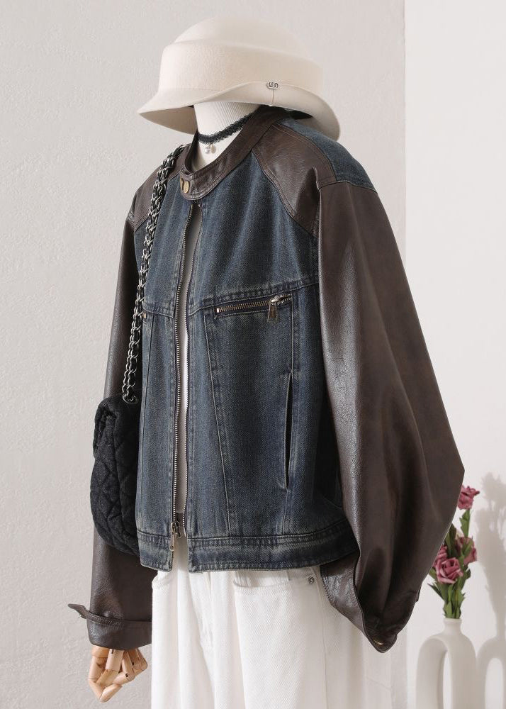 O Neck Pockets Faux Leather Patchwork Denim Coat Spring