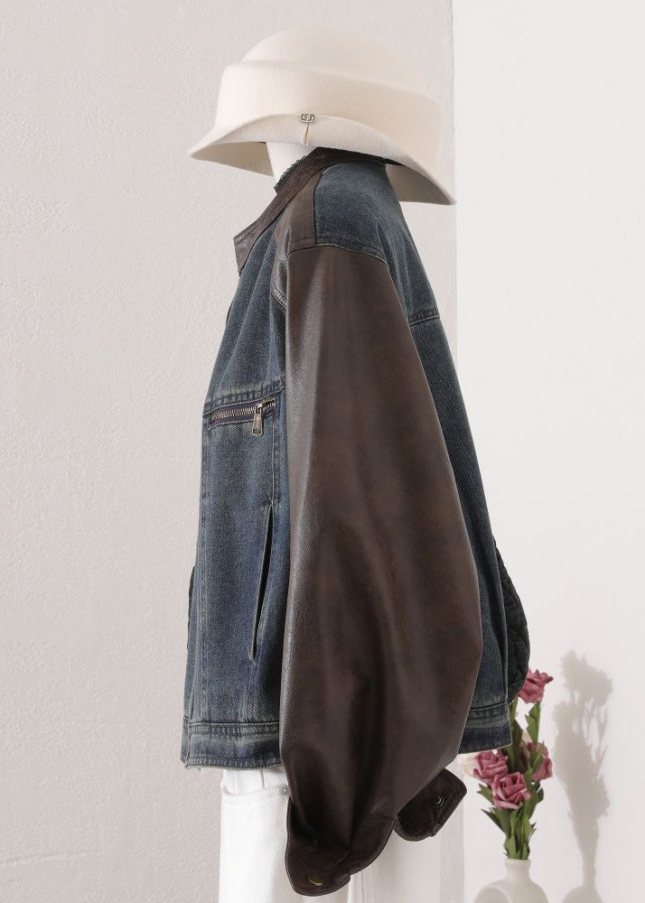 O Neck Pockets Faux Leather Patchwork Denim Coat Spring