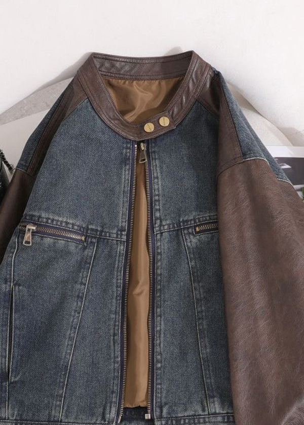 O Neck Pockets Faux Leather Patchwork Denim Coat Spring