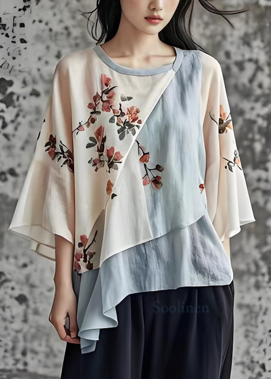O Neck Print Asymmetrical Patchwork Cotton Top Summer