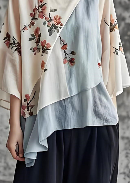 O Neck Print Asymmetrical Patchwork Cotton Top Summer