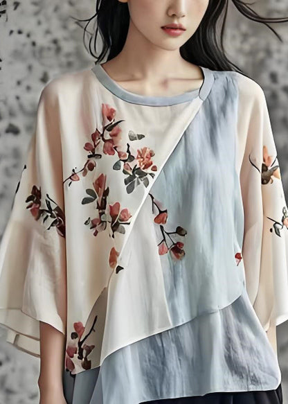 O Neck Print Asymmetrical Patchwork Cotton Top Summer