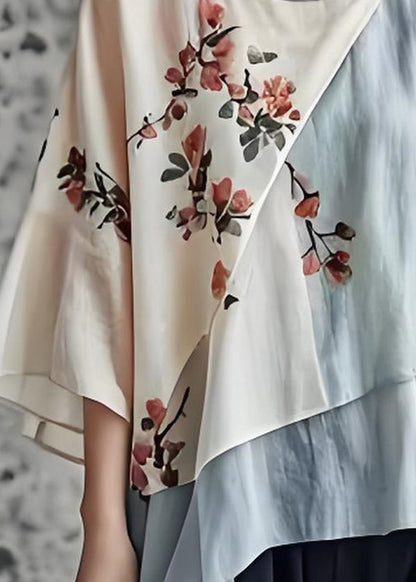 O Neck Print Asymmetrical Patchwork Cotton Top Summer