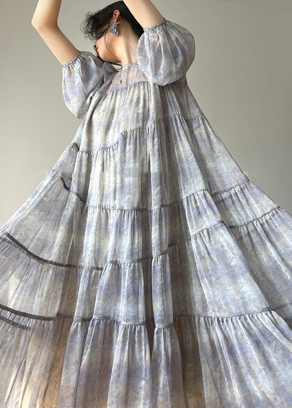 O-neck Print Button Wrinkled Chiffon Maxi Dresses Long Sleeve