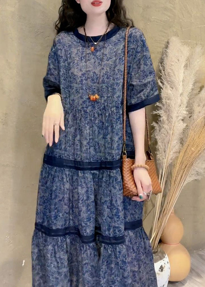 O-neck Print Patchwork Wrinkled Maxi Dress Summer