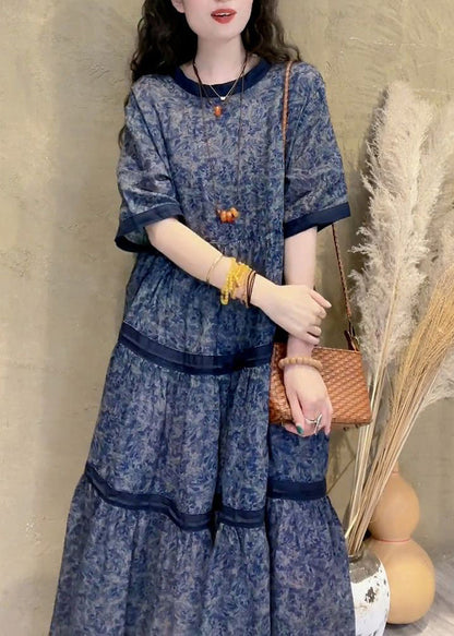O-neck Print Patchwork Wrinkled Maxi Dress Summer
