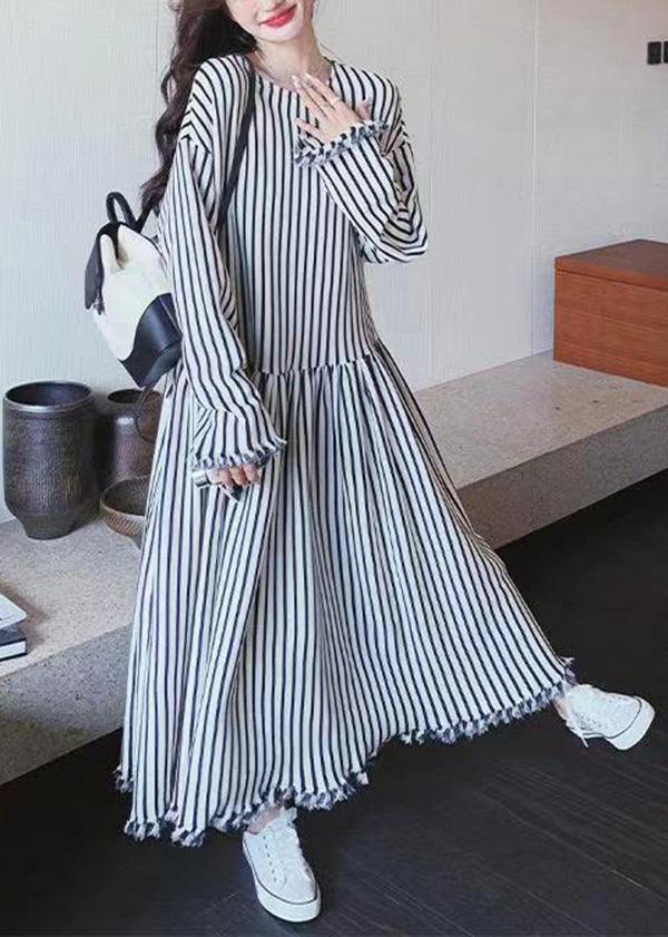 O Neck Striped Patchwork Cotton Long Dresses Long Sleeve