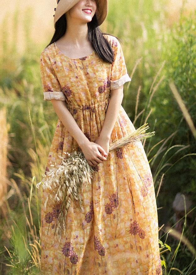 O-neck Summer Clothes Pattern Yellow Print Dress