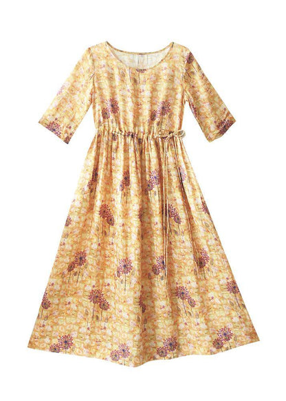 O-neck Summer Clothes Pattern Yellow Print Dress