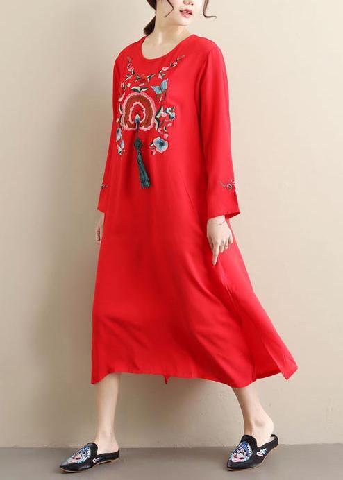 O Neck Tassel Spring Tunics Outfits Red Embroidery a Line Dresses