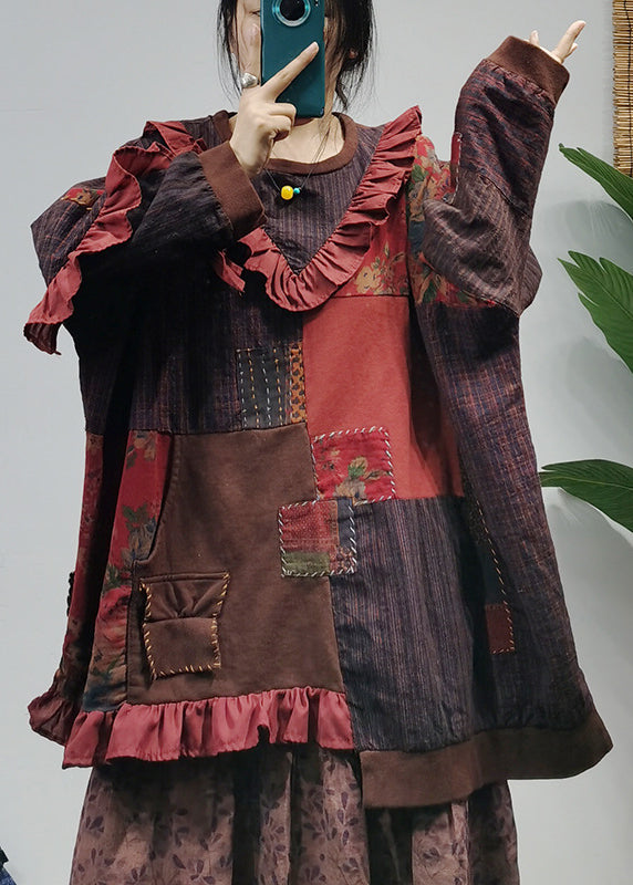 O-neck Asymmetrical Design Ruffled Patchwork Cotton Top Long Sleeve