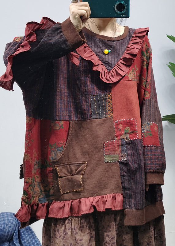 O-neck Asymmetrical Design Ruffled Patchwork Cotton Top Long Sleeve