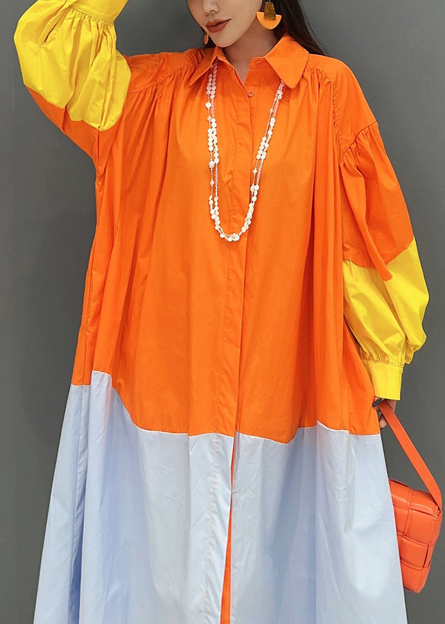 Orange Button Patchwork Cotton Blouses Dresses Long Sleeve