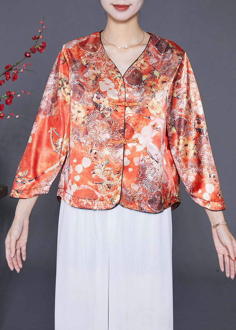 Orange Chinese Button Print Silk Shirts Bracelet Sleeve