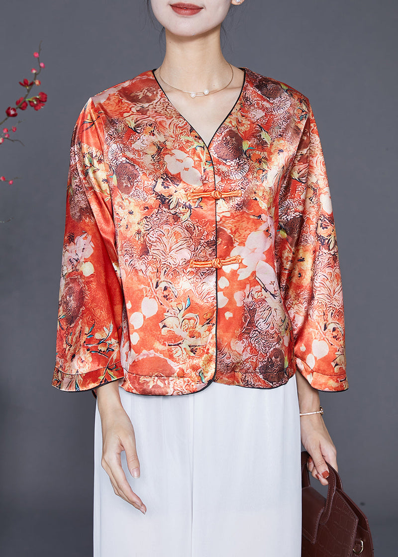 Orange Chinese Button Print Silk Shirts Bracelet Sleeve
