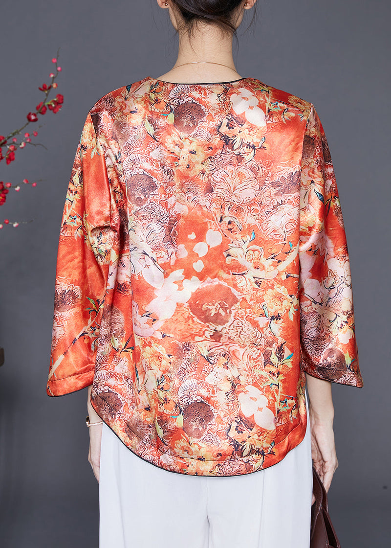 Orange Chinese Button Print Silk Shirts Bracelet Sleeve