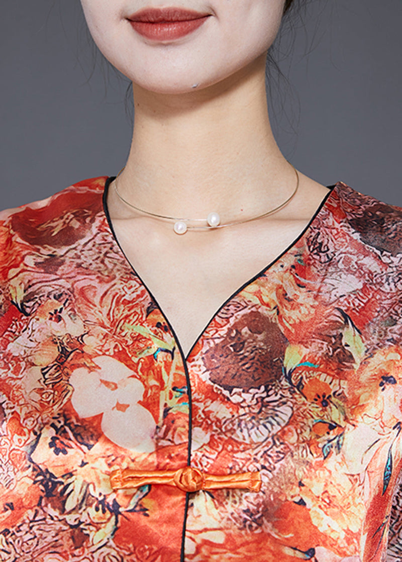 Orange Chinese Button Print Silk Shirts Bracelet Sleeve