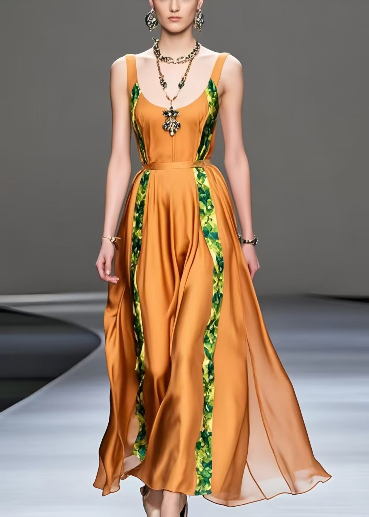 Orange Cinched Patchwork Silk Sundress Summer
