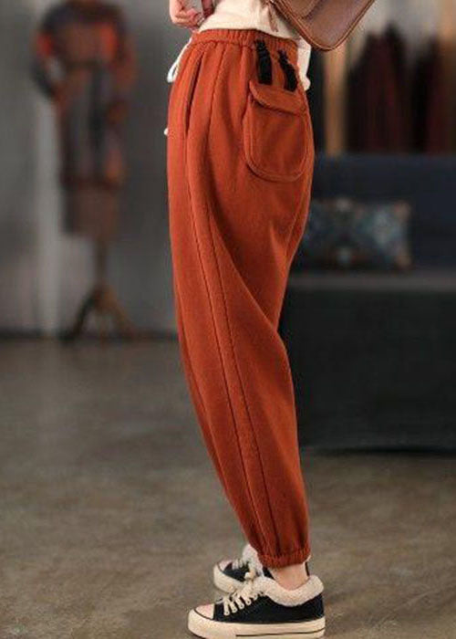 Orange Cinched Pockets Warm Fleece Pants Winter