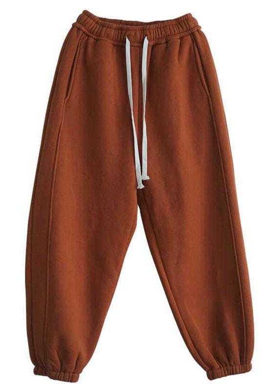 Orange Cinched Pockets Warm Fleece Pants Winter
