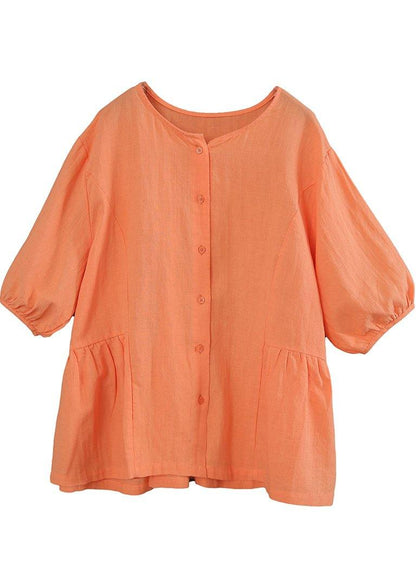 Orange Cinched Lantern Sleeve Linen Summer Blouses