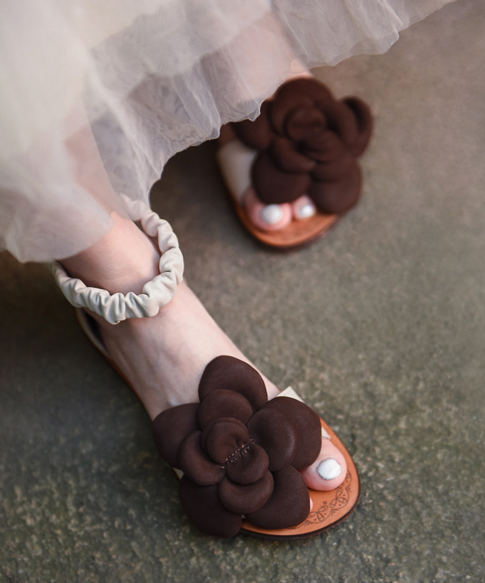 Orange Cowhide Leather Flat Sandals Splicing