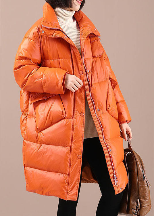 Orange Loose Stand Collar Pockets Winter Duck Down Coats