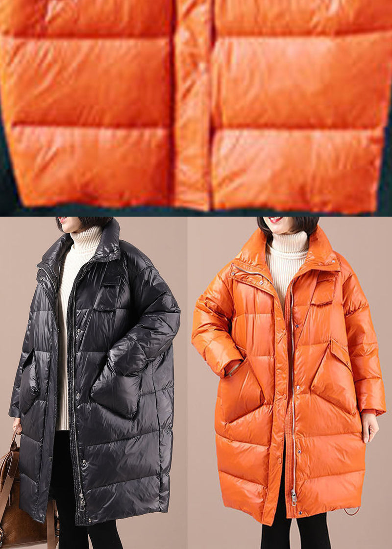 Orange Loose Stand Collar Pockets Winter Duck Down Coats