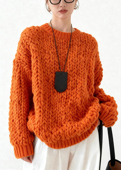 Orange Oversized Cable Knit Sweater Tops Winter
