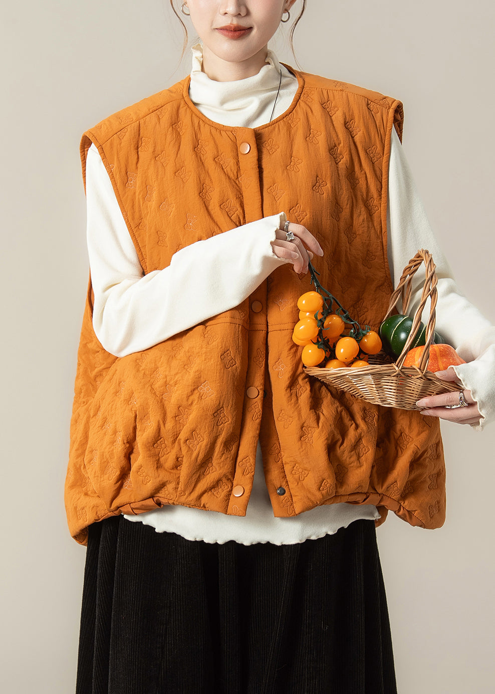 Orange Oversized Embossing Fine Cotton Filled Vest Winter