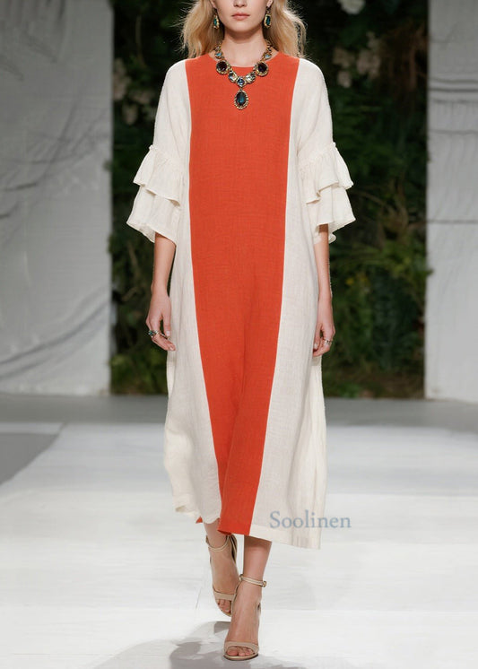 Orange Oversized Patchwork Cotton Maxi Dresses Flare Sleeve