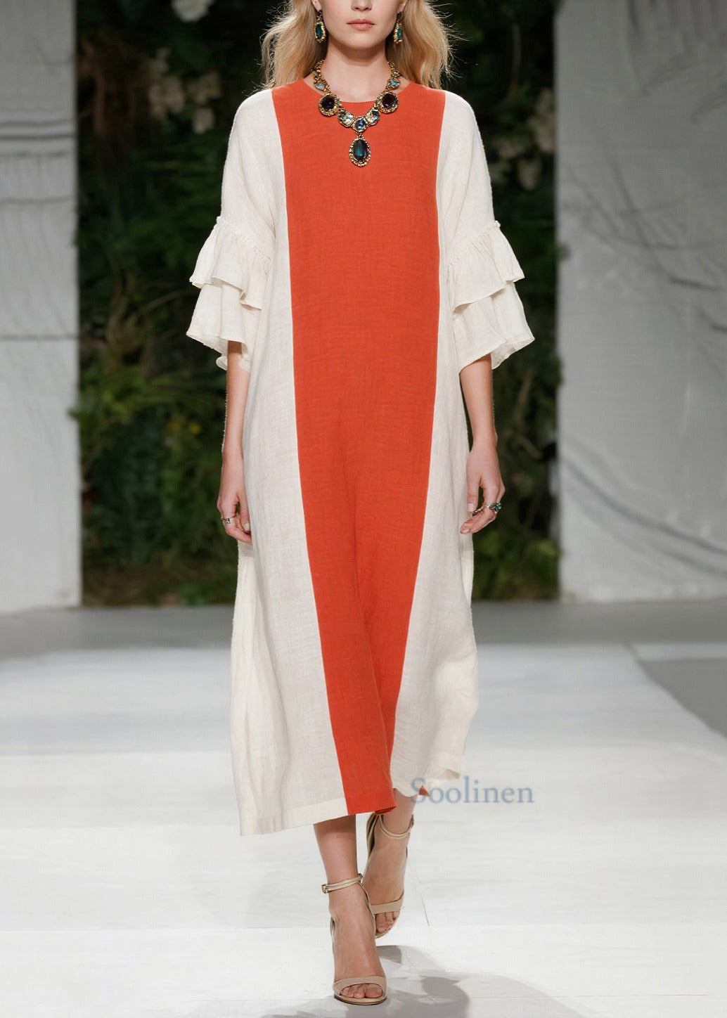 Orange Oversized Patchwork Cotton Maxi Dresses Flare Sleeve