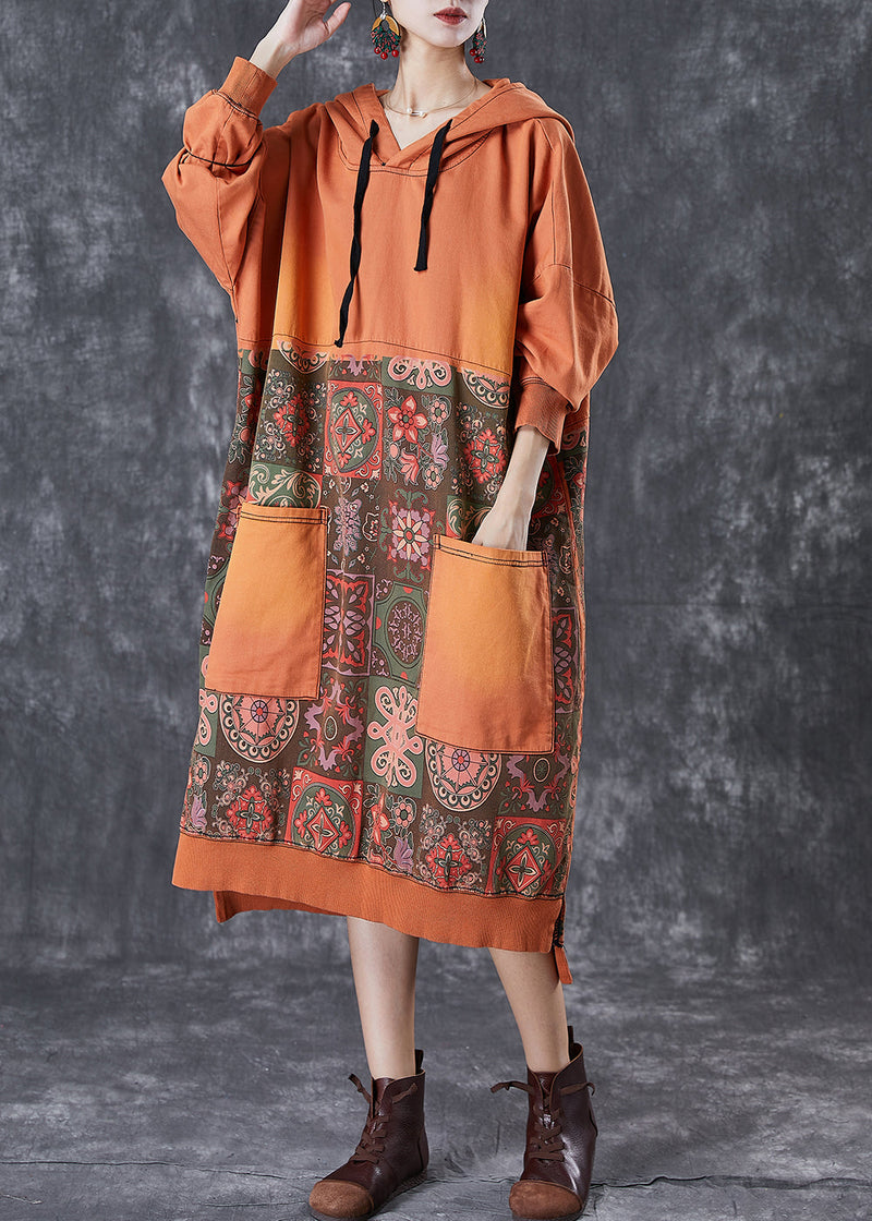 Orange Oversized Patchwork Cotton Pullover Sweatshirt Dress Fall