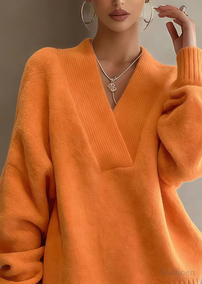 Orange Oversized Warm Knit Sweaters and Shorts Two Piece Set Winter