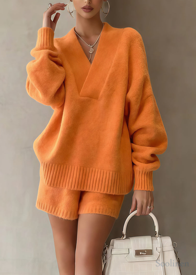 Orange Oversized Warm Knit Sweaters and Shorts Two Piece Set Winter