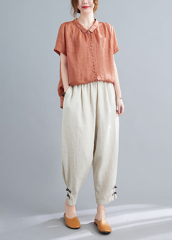 Orange Peter Pan Collar Button Top and Crop Pants Two Pieces Set Summer