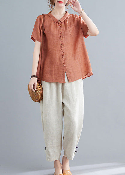 Orange Peter Pan Collar Button Top and Crop Pants Two Pieces Set Summer