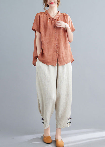 Orange Peter Pan Collar Button Top and Crop Pants Two Pieces Set Summer
