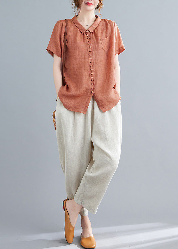 Orange Peter Pan Collar Button Top and Crop Pants Two Pieces Set Summer