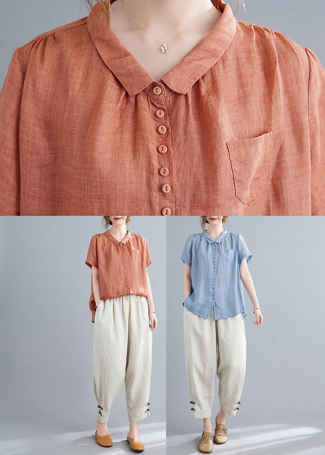 Orange Peter Pan Collar Button Top and Crop Pants Two Pieces Set Summer