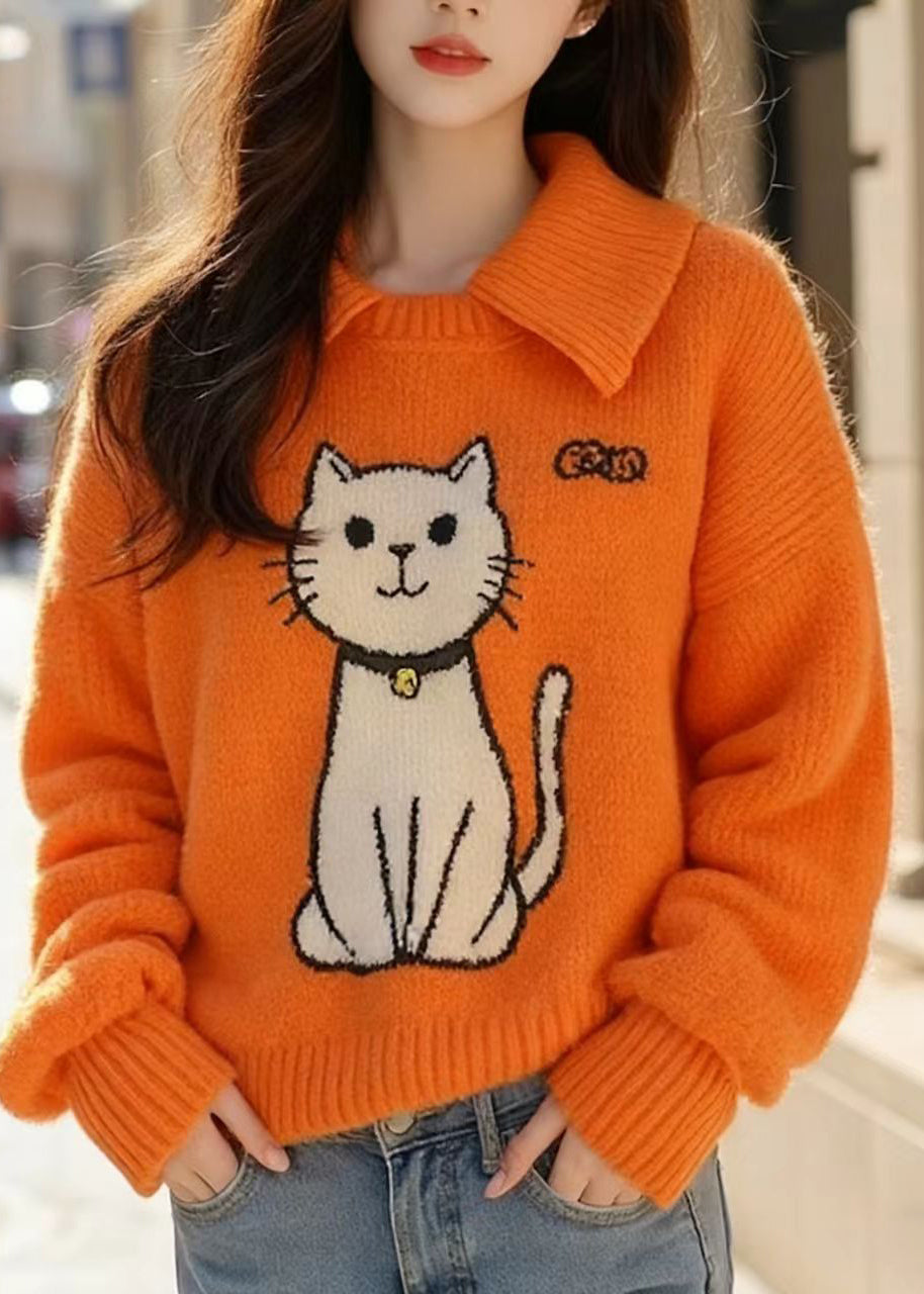 Orange Peter Pan Collar Cats Knitted Sweater Tops Spring
