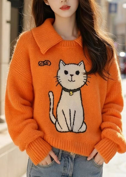 Orange Peter Pan Collar Cats Knitted Sweater Tops Spring