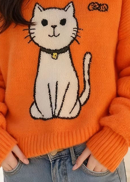 Orange Peter Pan Collar Cats Knitted Sweater Tops Spring