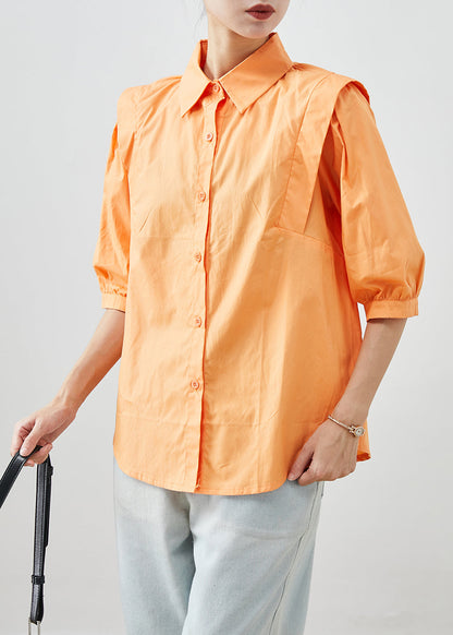 Orange Peter Pan Collar Patchwork Cotton Shirts Half Sleeve