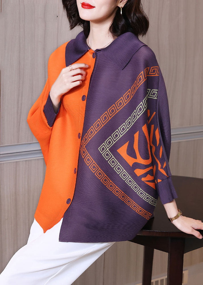 Orange Peter Pan Collar Print Button Shirt Long Sleeve